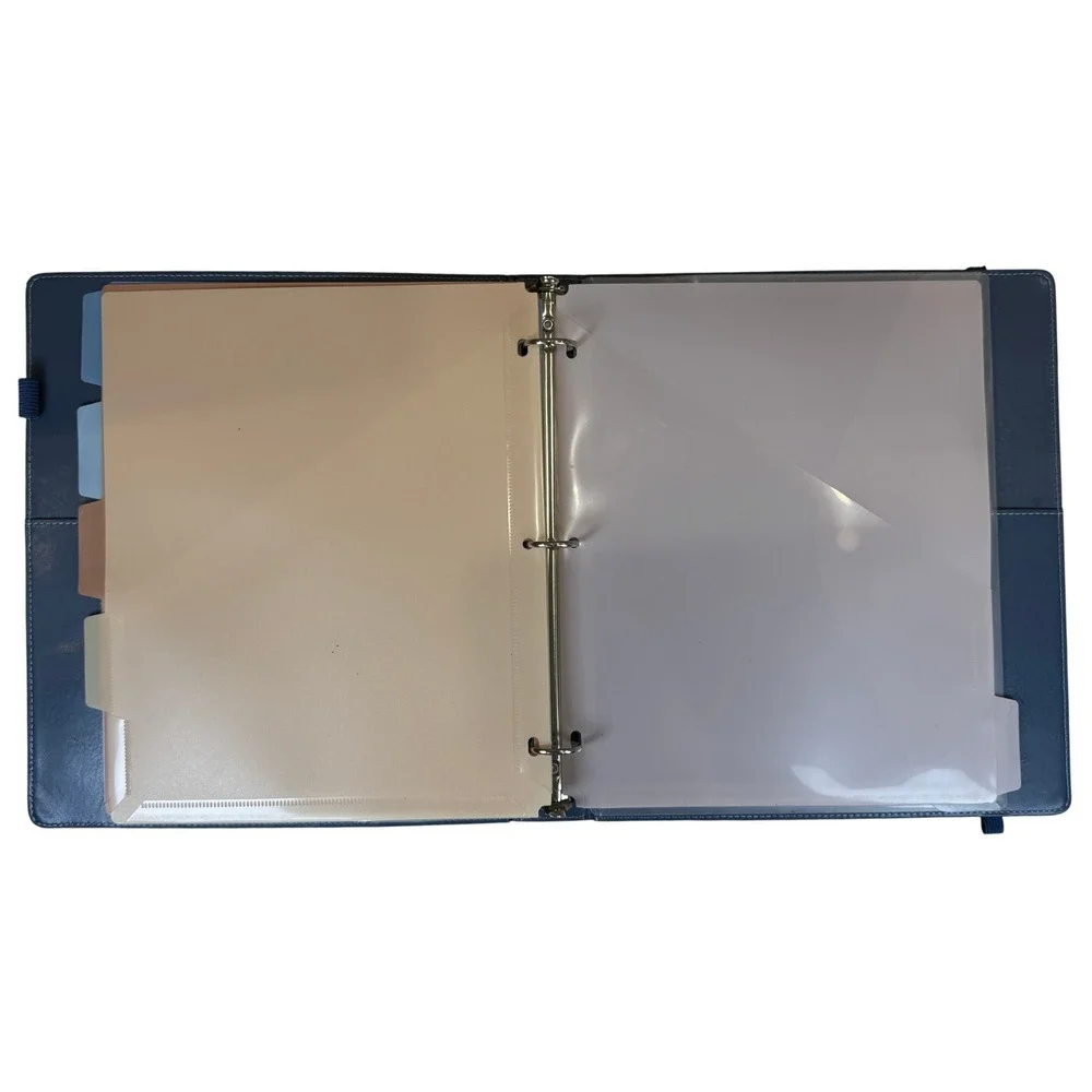 Blue Faux Leather 3-Ring Binder Clipboard Organizer with Dividers and Pockets